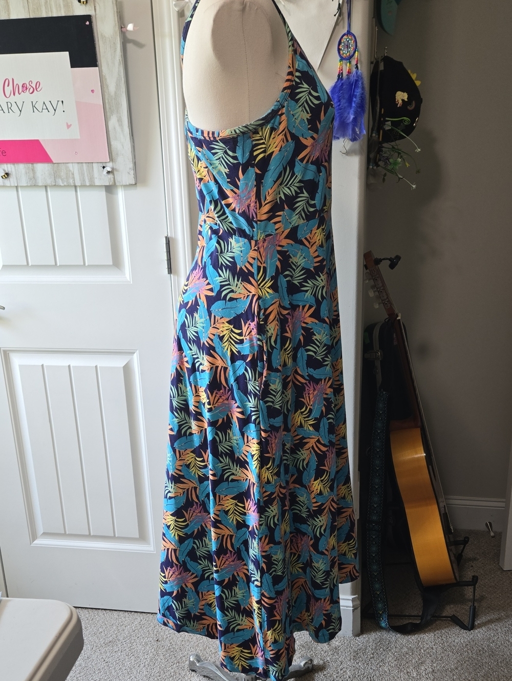 Pact Tropical Leaf Print Midi Dress in Navy with Teal, Coral, Yellow - Picture 4 of 6